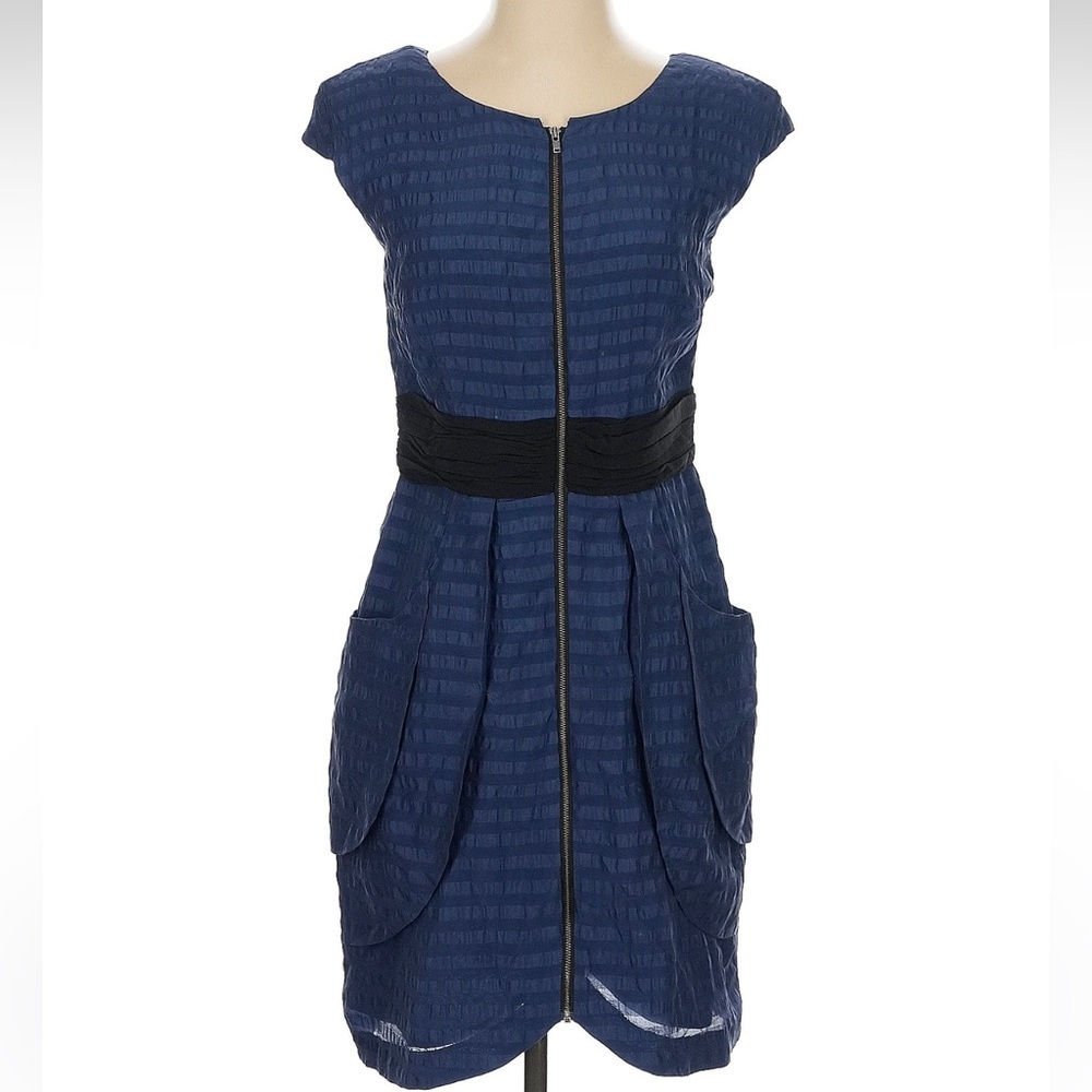 Tracy Reese Frock! Blue & Black 100% Silk Front Zipper Dress Size 4 Small NWT